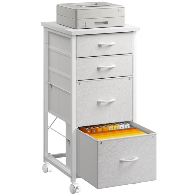4 Drawers Mobile File Cabinet Vertical Filing Cabinet with Fabric Drawer Fits A4/Letter Size Printer Stand for Home Office，White