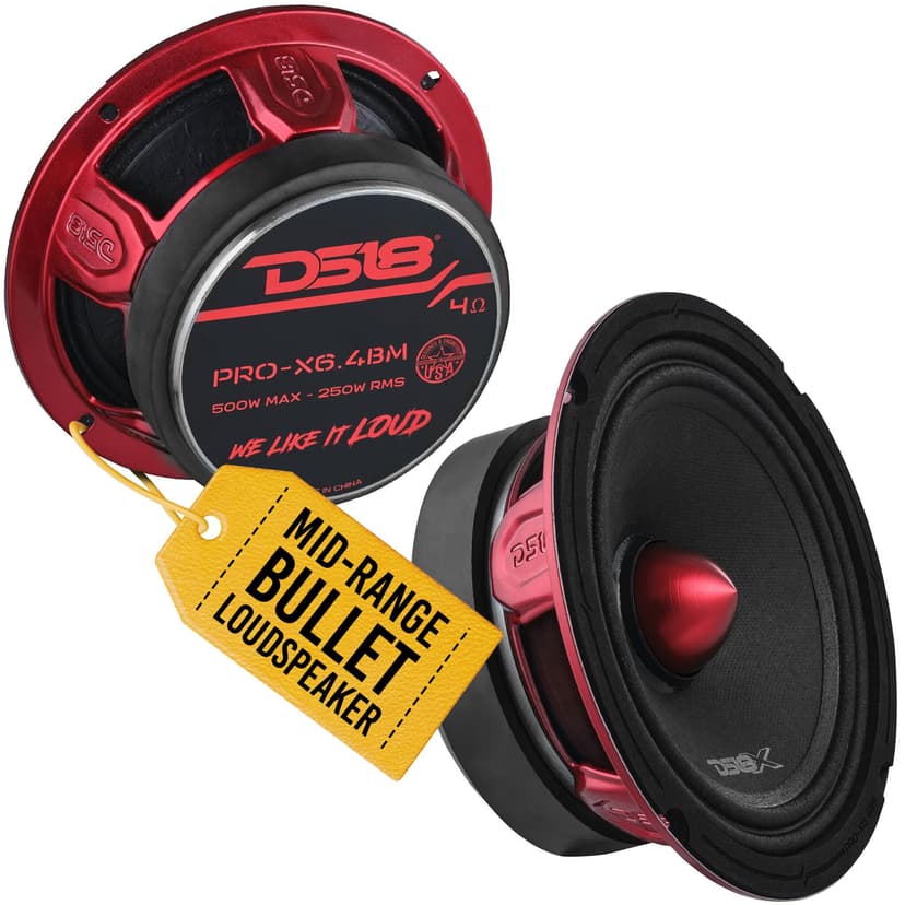 DS18 PRO-X6.4BM Loudspeaker - Pair of 6.5", Midrange, Red Aluminum Bullet, 500W Max, 250W RMS, 4 Ohms - Premium Quality Audio Door Speakers for Car or Truck Stereo Sound System (2 Speaker)