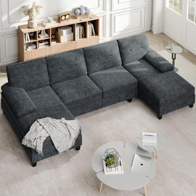 Shintenchi U-Shaped Sectional Couches for Living Room, 4 Seat Sofa with Double Chaise Lounges,Solid Wood Frame Sectional Sofa for Apartment,Dark Grey