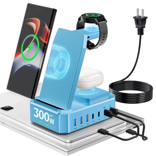 300W Wireless Charger for Samsung,Zutspzss 10 in 1 Wireless Charging Station, 65W USB C Fast Charging Stand for Samsung S25 Ultra/S24/S23/S22/Z Fold,Galaxy Watch Ultra7/6/5,Galaxy Buds,Blue