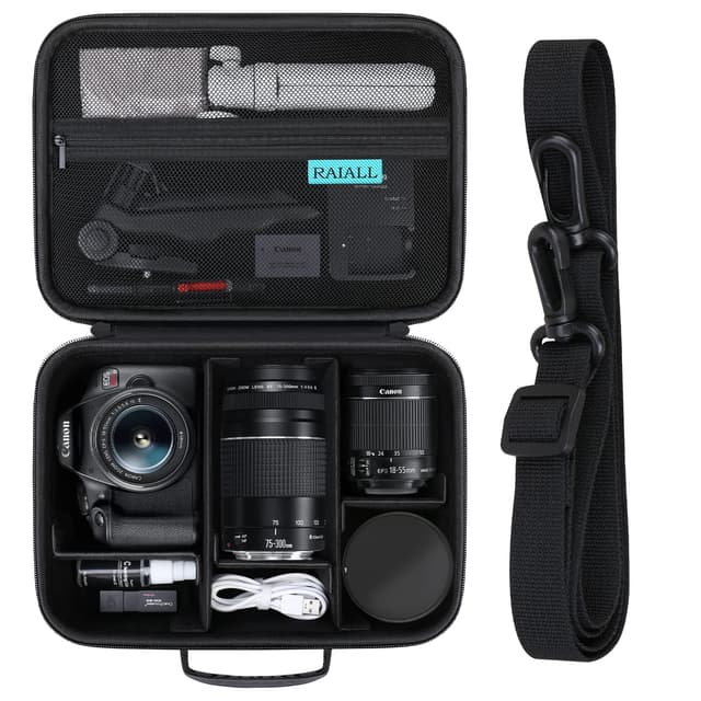 RAIALL Camera Case for Canon EOS Rebel T7/R50/R50V/R100/R6 Mark II/R5/ R8/R10/RP/R7/Sony/Nikon D7500 DSLR Camera, Lens, Tripod, Hard Protective Travel Bag with a Shoulder Strap and 5 Dividers, Black