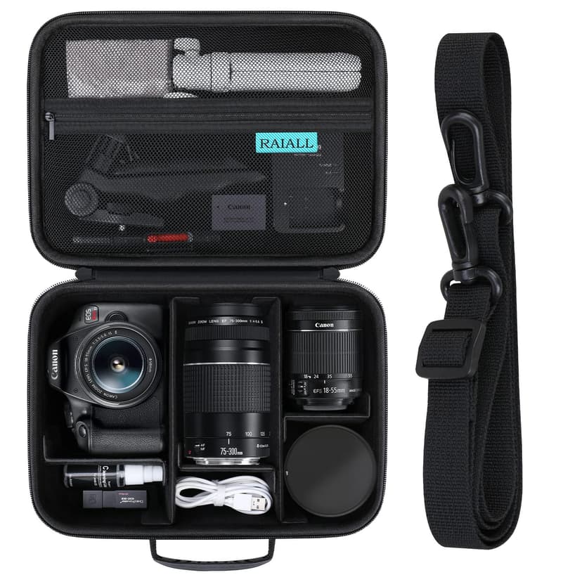 RAIALL Camera Case for Canon EOS Rebel T7/R50/R50V/R100/R6 Mark II/R5/ R8/R10/RP/R7/Sony/Nikon D7500 DSLR Camera, Lens, Tripod, Hard Protective Travel Bag with a Shoulder Strap and 5 Dividers, Black
