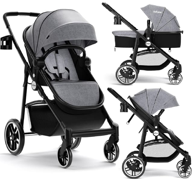 INFANS 2 in 1 Baby Stroller, High Landscape Infant Stroller & Reversible Bassinet Pram, Foldable Pushchair with Adjustable Canopy, Cup Holder, Storage Basket, Suspension Wheels (Grey)