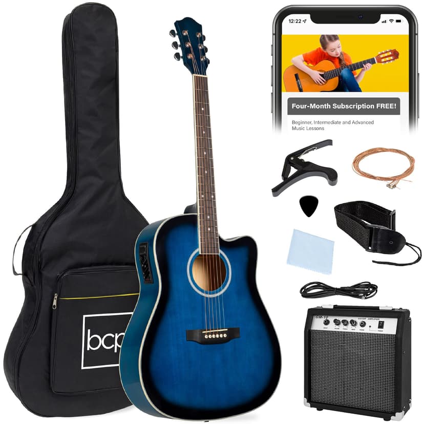 Best Choice Products Beginner Acoustic Electric Guitar Starter Set w/ 41in, All Wood Cutaway Design, Gig Bag, Strap, Picks - Blue