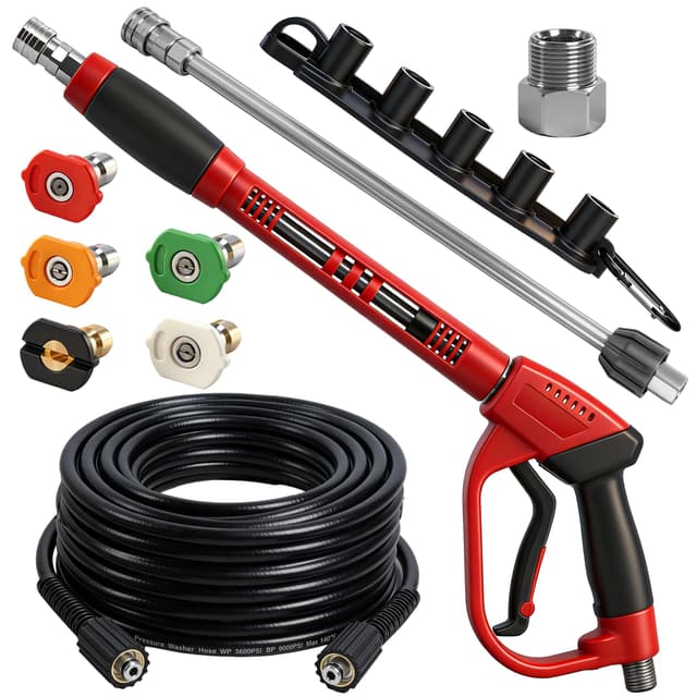 Hourleey Pressure Washer Gun and Hose Kit, 50 FT Kink Resistant Power Washer Hose and Replacement Wand Extension, 5 Nozzle Tips, M22-14 Fitting, 3600 PSI