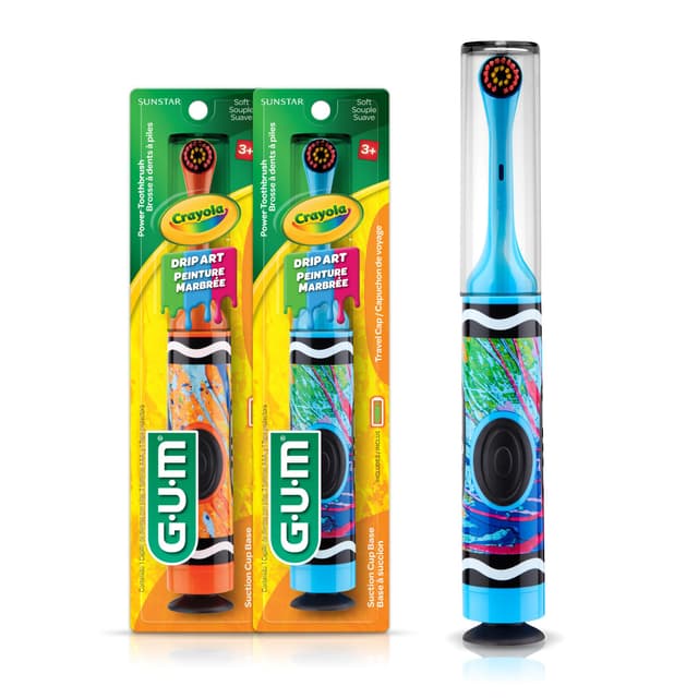 GUM Crayola Drip Art Kids Power Toothbrush, Extra Soft, 1 Count (Pack of 2) with Travel Cap