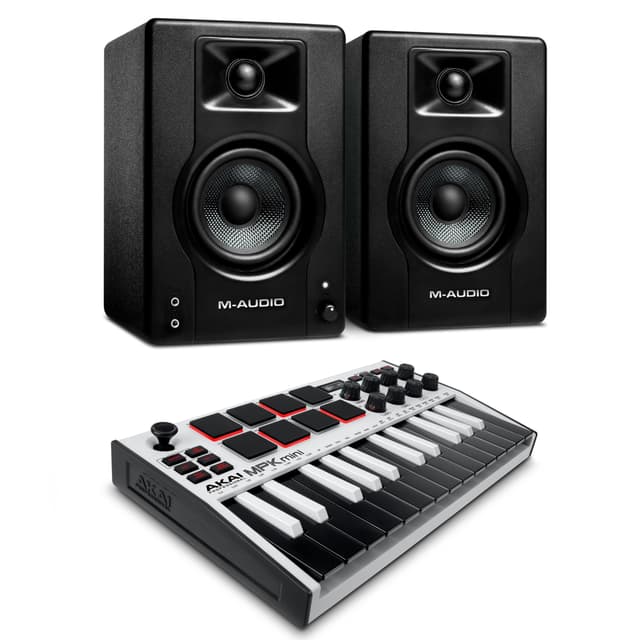 Recording Studio Package - Akai Professional MPK Mini MK3 USB MIDI Keyboard Controller and M-Audio BX3 3.5" 120W Speakers, with Production Software, white