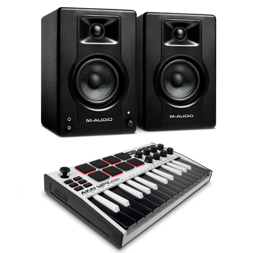 Recording Studio Package - Akai Professional MPK Mini MK3 USB MIDI Keyboard Controller and M-Audio BX3 3.5" 120W Speakers, with Production Software, white
