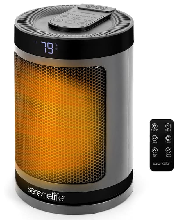 SereneLife Portable Space Heater – 1500W PTC Ceramic Electric Heater with Thermostat, Remote, 12-Hour Timer, 3 Heating Modes, Oscillation, Safe & Quiet for Home, Office, Bedroom (Gray)