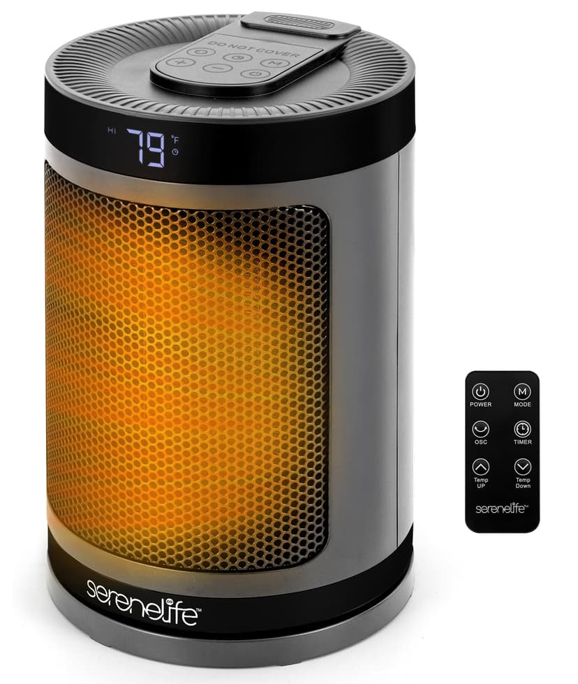 SereneLife Portable Space Heater – 1500W PTC Ceramic Electric Heater with Thermostat, Remote, 12-Hour Timer, 3 Heating Modes, Oscillation, Safe & Quiet for Home, Office, Bedroom (Gray)