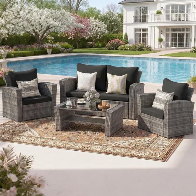 Wisteria Lane 4 Piece Patio Furniture Set, Wicker Outdoor Patio Conversation Furniture Set, All Weather Outdoor Patio Sofa with Cushion and Glass Table, Black