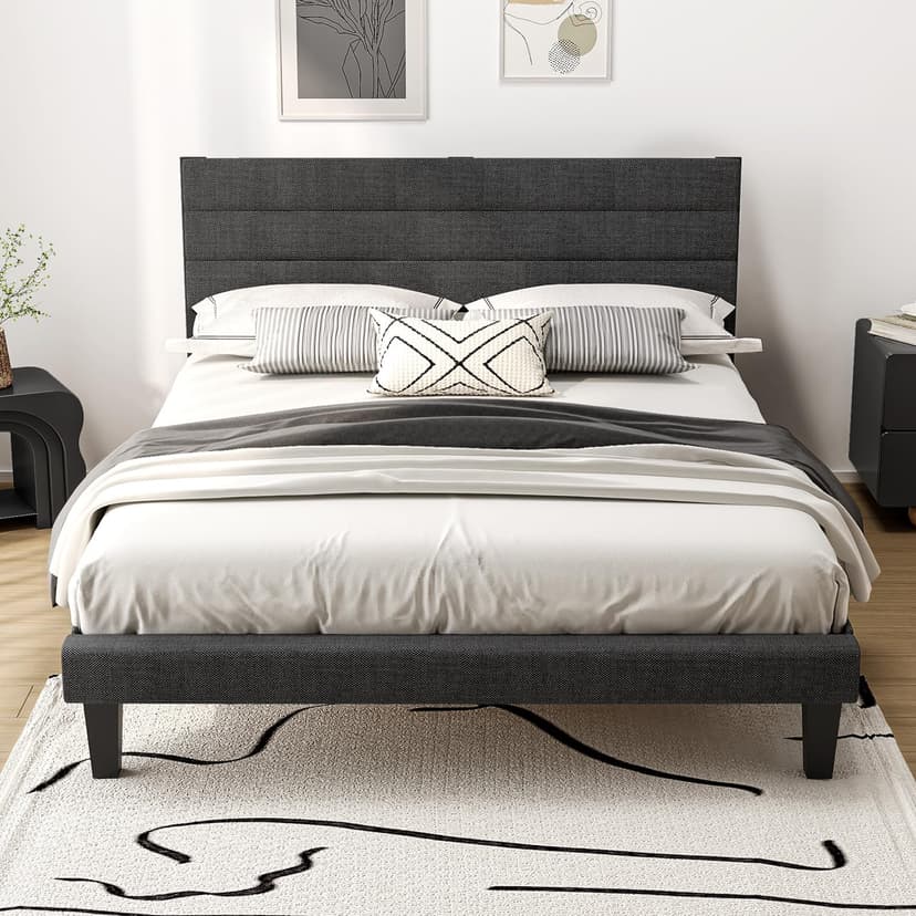 VINGLI Full Bed Frame with Headboard,Upholstered Platform Bed with Adjustable Headboard,Heavy Duty Slats Support,Mid Century Modern,Noise Free, No Box Spring Needed, Dark Gray