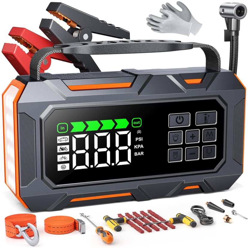 Portable Jump Starter with Air Compressor 8000A 160PSI, 16-in-1 Car Battery Jump Starter with Emergency Kit, Auto-Shutoff Tire Inflator, Jumper Cables, Jump Box Car Battery for All Gas/14L Diesel