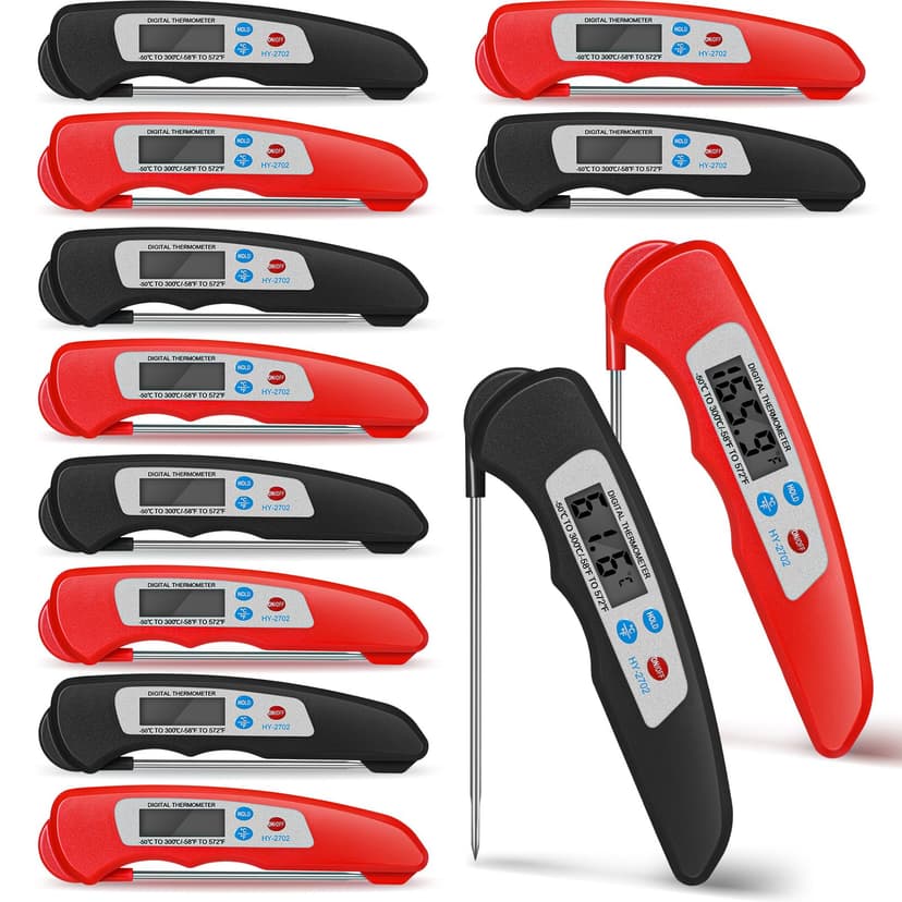 Xuhal 12 Pcs Digital Meat Thermometer with Probe Waterproof Instant Read Foldable Food Thermometer with Magnet for Kitchen Grilling Cooking Turkey Baking BBQ(Black, Red)