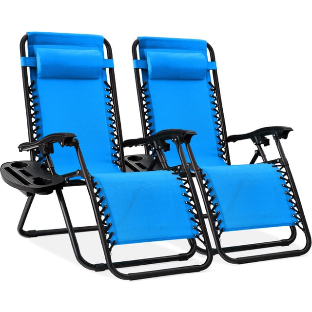 Best Choice Products Set of 2 Adjustable Steel Mesh Zero Gravity Lounge Chair Recliners w/Pillows and Cup Holder Trays - Light Blue
