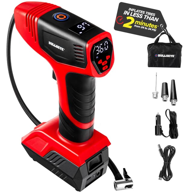 BULLSEYE PRO Tire Inflator with Pressure Gauge, Compact and Portable, Automatic Shut Off, 150 PSI Max, USB Home Rechargeable and Cord for Vehicular Use As Seen On TV (9475)