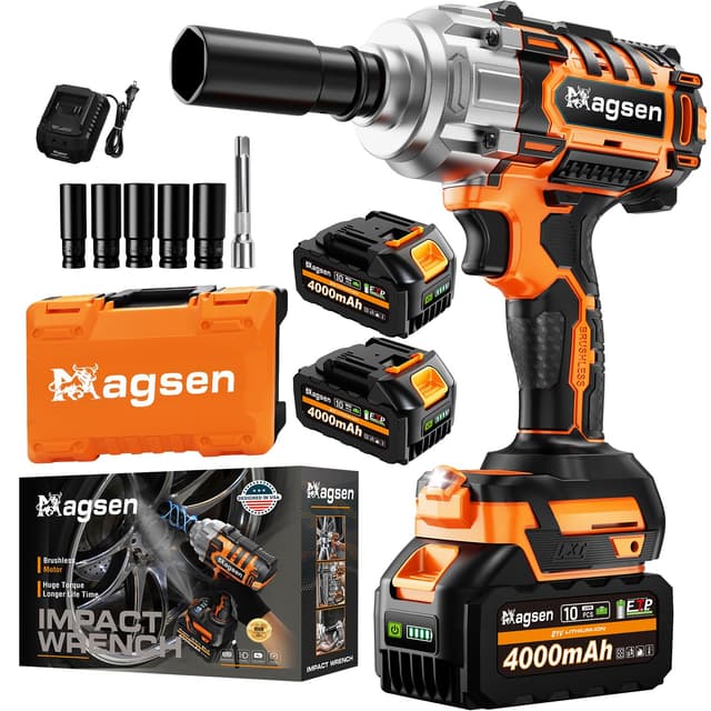 MAGSEN 1/2" Cordless Impact Wrench, 900Ft-lbs (1200N.m) Brushless High Torque Impact Gun,3800RPM,3 Variable Speeds,LED Light,2x4000mAh Battery, 5 Sockets,Electric Impact Gun for Car/Mower/Pickup