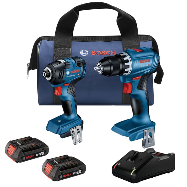BOSCH GXL18V-27B22 Power Tool Combo Kit - 18V Brushless Compact 1/2 In. Cordless Drill Driver and 1/4 In. Hex Impact Driver (Includes: Two 2.0Ah Batteries, 18V Charger, and Carrying Tool Bag)