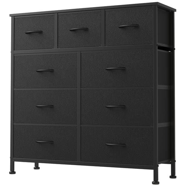 DUMOS 9 Drawer Dresser for Bedroom, Fabric Storage Organizer with Sturdy Metal Frame, Wooden Top Chest of Drawers for Closet Entryway Guest Room,Matte Black
