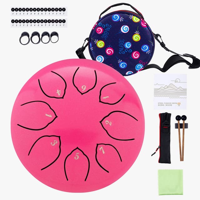 Steel Tongue Drum Kids Instrument: Musical Metal Tank Drums Set 6 Inch 8 Notes C-Key for Meditation Yoga Education Percussion with Bag, Music Book, Mallets, Finger Picks(Pink)