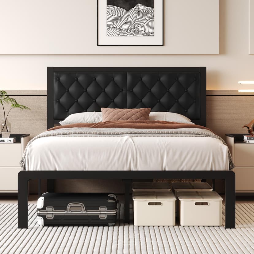 Fluest Full Bed Frame with Headboard PU Leather Upholstered Bed Frame Platform,All Metal Slats Support Platform Bed Frame with Storage Space,Easy Assembly,Noise Free,No Box Spring Needed,Black