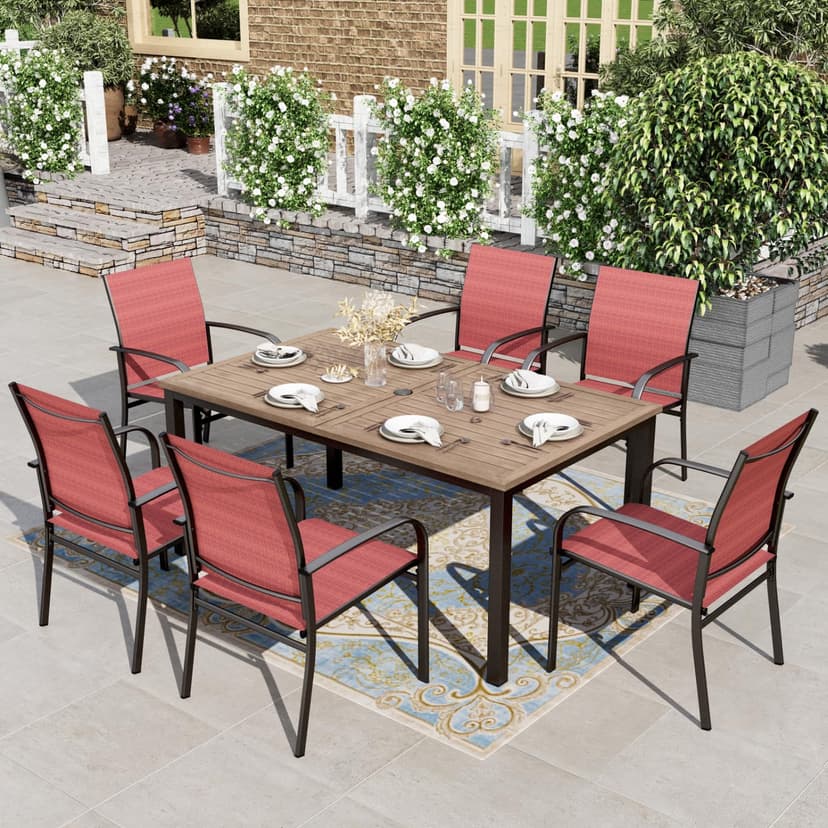 HERA'S HOUSE Red Patio Furniture Outdoor Dining Set, 64" Wood-Grain Metal Table with Umbrella Hole, 6 Textilene Chairs for Yard Garden Porch Poolside