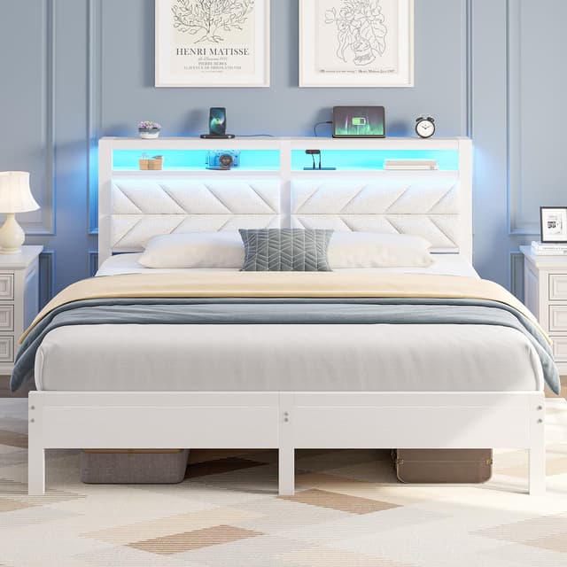 Seventable Bed Frame King Size with Charging Station, LED Bed with Upholstered Storage Headboard, Metal Platform Bed with Under Bed Storage, No Box Spring Needed, Noise Free, Easy Assembly, White