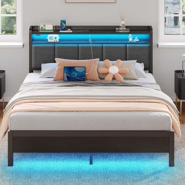 Rolanstar Queen Bed Frame with LED Lights, Upholstered Headboard, Charging Station, Storage Shelves, Heavy Duty Metal Slats, No Box Spring Needed, Noise Free, Easy Assembly, Dark Grey