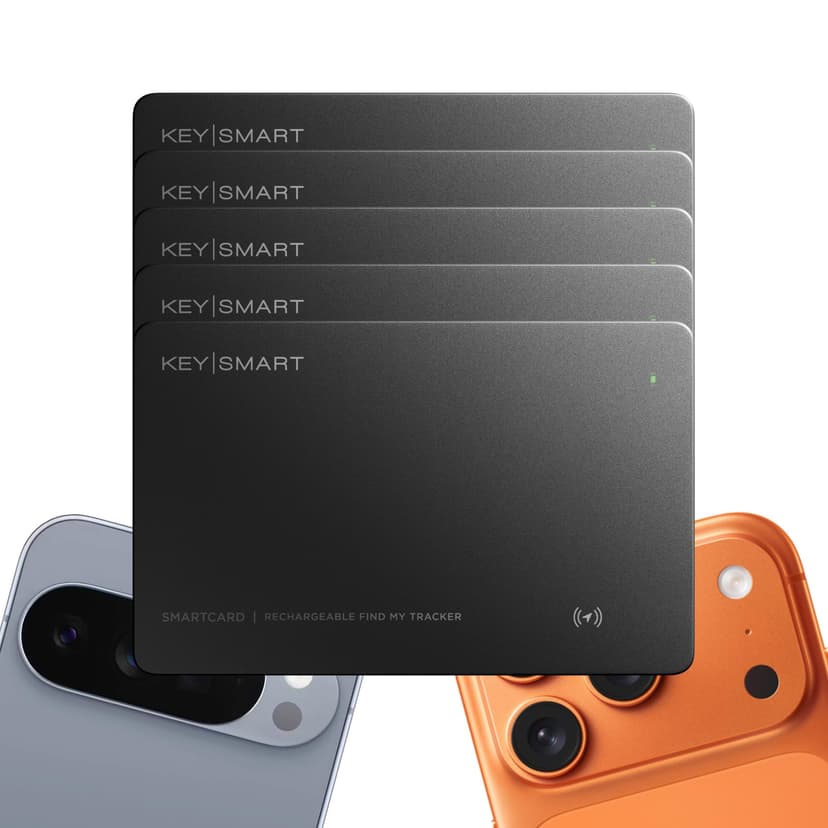 KeySmart SmartCard (Gen 3) MFI-Certified Wallet Tracker Card, Dual Network Compatible with Apple & Google, Rechargeable Thin GPS Item Finder for Luggage Tag, Tracking with Key Chain Hole Black, 5 Pack