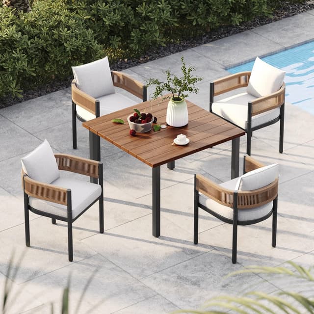 Grand patio 5-Piece Outdoor Dining Set for 4, Metal Woven Wicker Fixed Patio Chairs with Thickened Cushions & 1 Square Woodgrain Dining Table with Umbrella Hole for Backyard Deck (Natural)