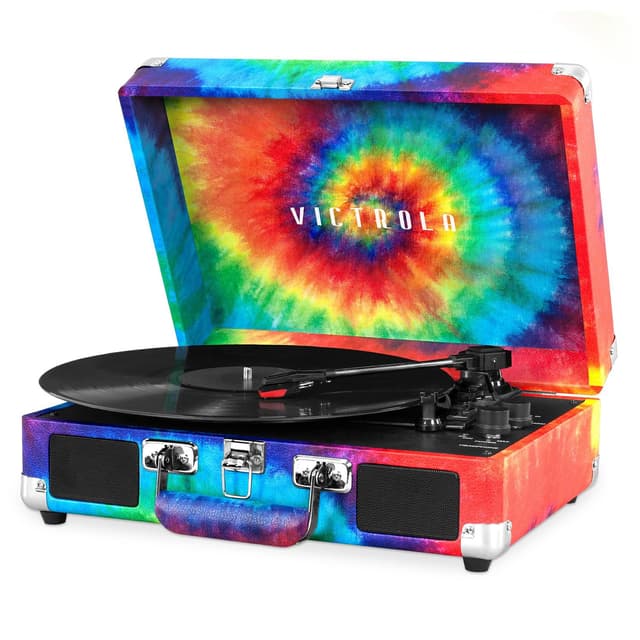 Victrola Journey Bluetooth Portable Suitcase Record Player – with Built-in Speakers, 3 Speed Vinyl Record Player, RCA Out, Headphone Jack (Tie Dye)