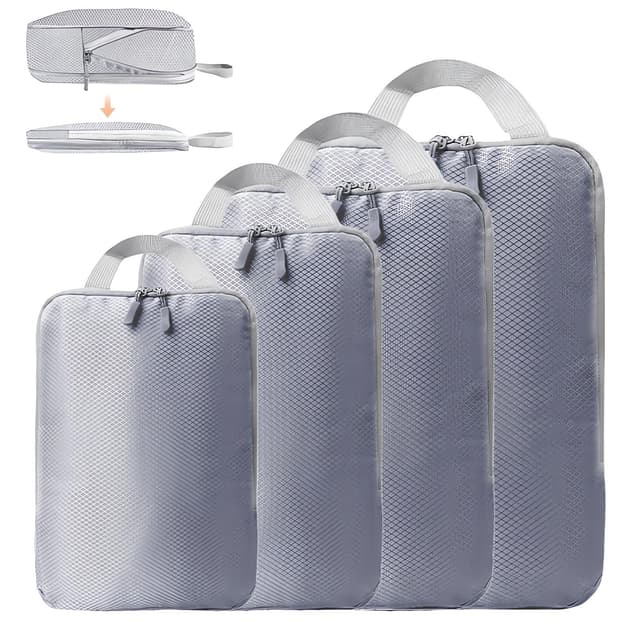 4 Set Compression Packing Cubes for Suitcase - Space-Saving Luggage Organizer Bags, Lightweight Travel Essentials for Efficient Packing (Grey)