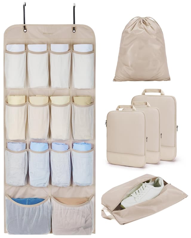 BAGSMART Hanging Compression Packing Cubes for Closet Organizers And Storage, 6 Set Suitcase Organizer Bags Set, Cruise Travel Essentials for Women, Latte Brown