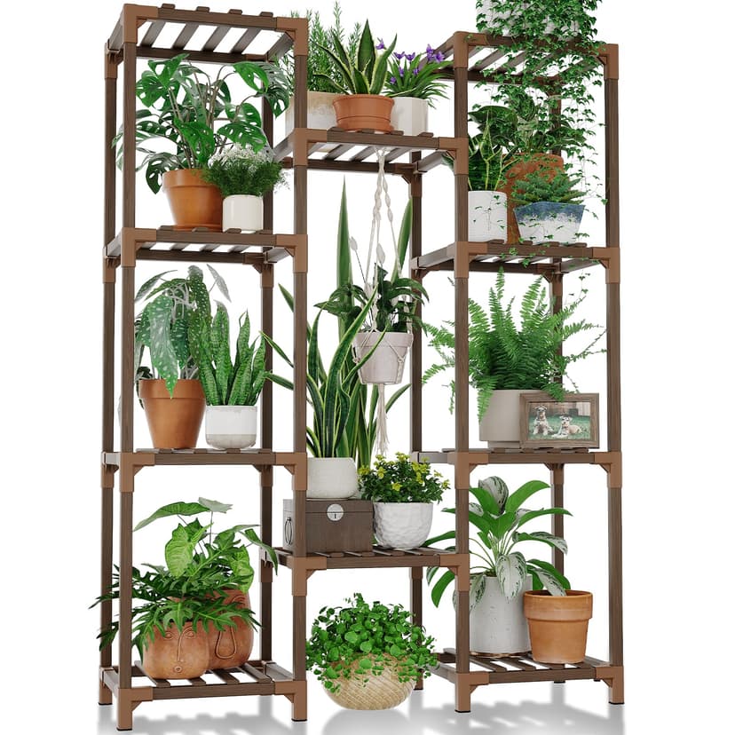 Bamworld Plant Stand Indoor Outdoor Tall Plant Shelf for Multiple Plants Pots Wood Flower Stand Large Flower Holder for Living Room, Patio, Balcony, Garden Decor, Brown