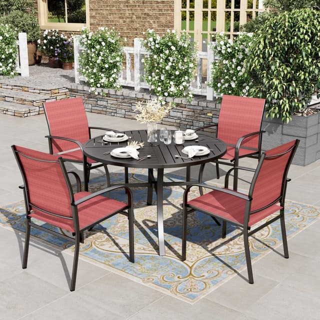 HERA'S HOUSE 5 Pieces Patio Dining Set, Outdoor Table and Chairs Set for 4, 4 x Red Textilene Dining Chair and 42" Metal Round Table for Lawn Garden Backyard Deck