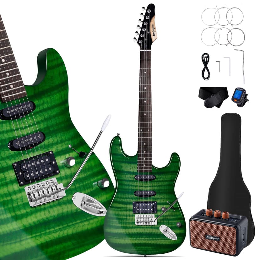 Leo Jaymz 39" Full Size ST Style Electric Guitar Starter Kit with SSH Pickup, 5W Portable Amp, Tuner, Gig Bag, Strap & Accessories (Green Flame)