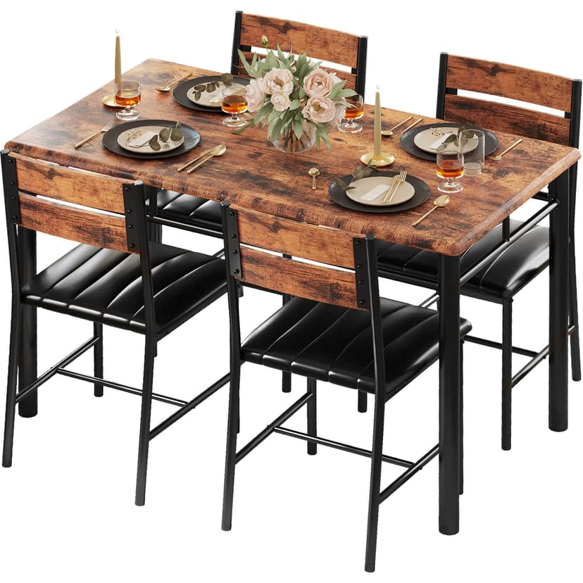 IRONCK Dining Table Set for 4, Wood Kitchen Table with Upholstered Chairs for Kitchen Room and Small Spaces, Rustic Brown