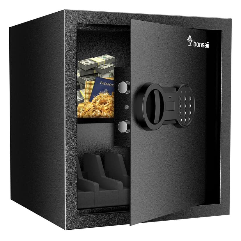 Bonsaii Safe Box with Holder and Removable Shelf, 1.2 Cu. Ft Steel Security Cabinet with Digital Keypad Lock and Type C Port for Home, Office, Valuables, Money, Jewelry, 12.99"W x 12.99"D x 14.17"H