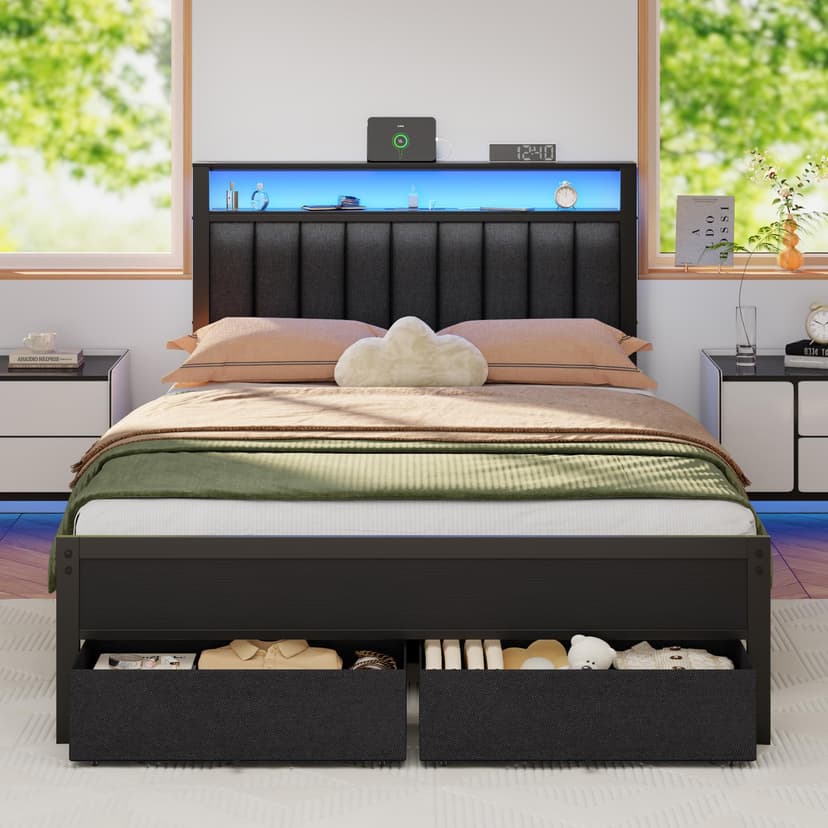 Furnulem Full Size Bed Frame with Charging Station and LED Lights, Grey Upholstered Headboard with Shelves, Metal Platform Bed with 2 Under-Bed Storage (Fabric Drawer on Wheels), No Box Spring Needed