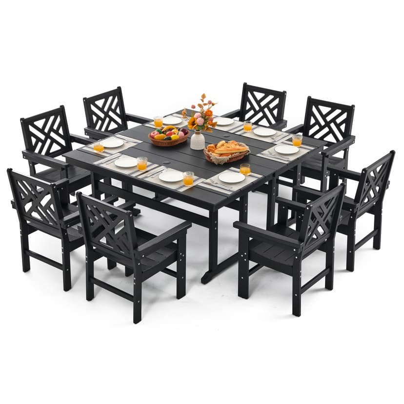 AXMOLM 10 Piece HDPE Outdoor Dining Set for 8, Patio HDPE Furniture Set with 2 Table and Umbrella Hole, Outdoor Table and Chairs for Garden, Poolside, Backyard, Deck
