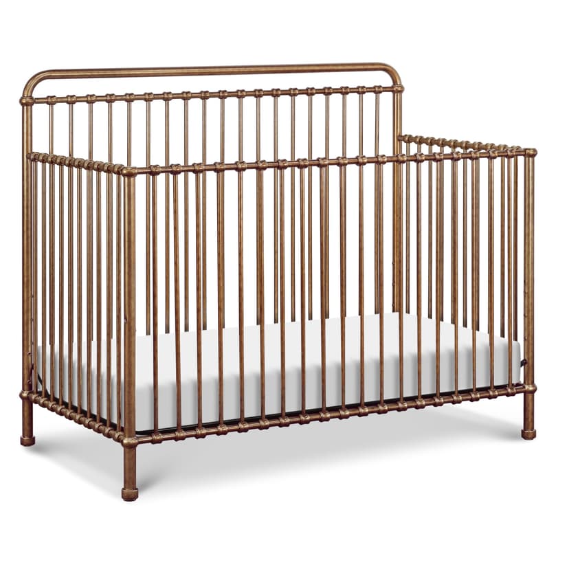 Namesake Winston 4-in-1 Convertible Crib - GREENGUARD Gold Certified Metal Baby Crib Convertible to Toddler Bed, Daybed, Full Size Bed w/ 4 Mattress Heights - Vintage Gold Bedside Crib for Baby