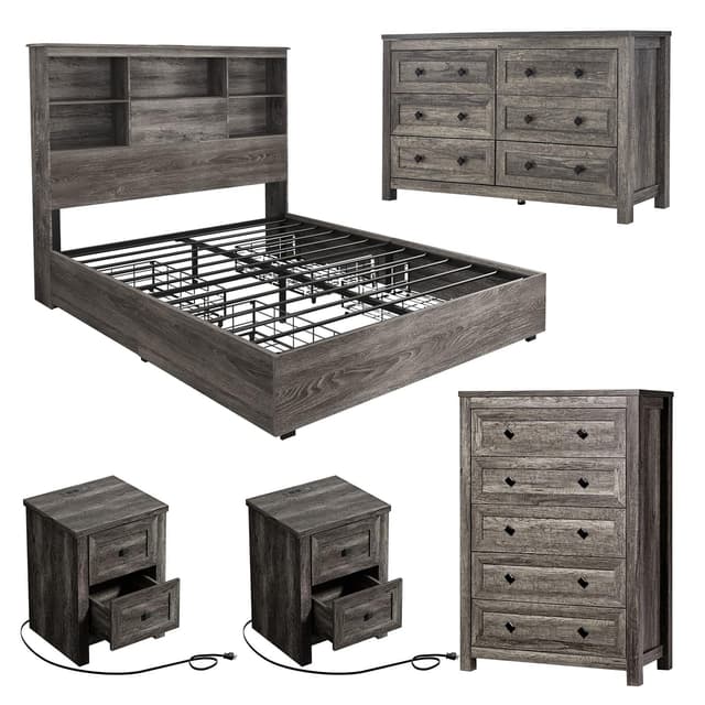 LUXOAK 5-Piece Farmhouse Bedroom Set, 1 X Queen Size Bed Frame, 1 X 5 Drawer Dresser, 1 X Wood Rustic 6 Drawer Storage Dresser, Nightstand Set of 2 with Charging Station, Bedroom Furniture Set, Grey