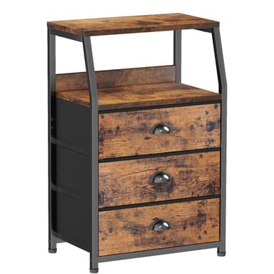Furnulem Nightstand with 3 Drawers and 2-Tier Shelf, Fabric Small Dresser Organizer Vertical Storage Tower for Bedroom, Closet, Hallway, Nursery, End Table Side Furniture, Sturdy Steel Frame, Wood Top