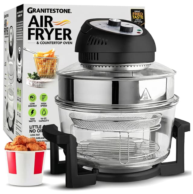 Granitestone 16Qt Large Glass Air Fryer Non Toxic – Family Sized Airfyrer Cooker with 3 Cooking Sections, Stainless Steel Racks, for French Fries, Chicken, No Preheat, Self Cleaning, Dishwasher Safe