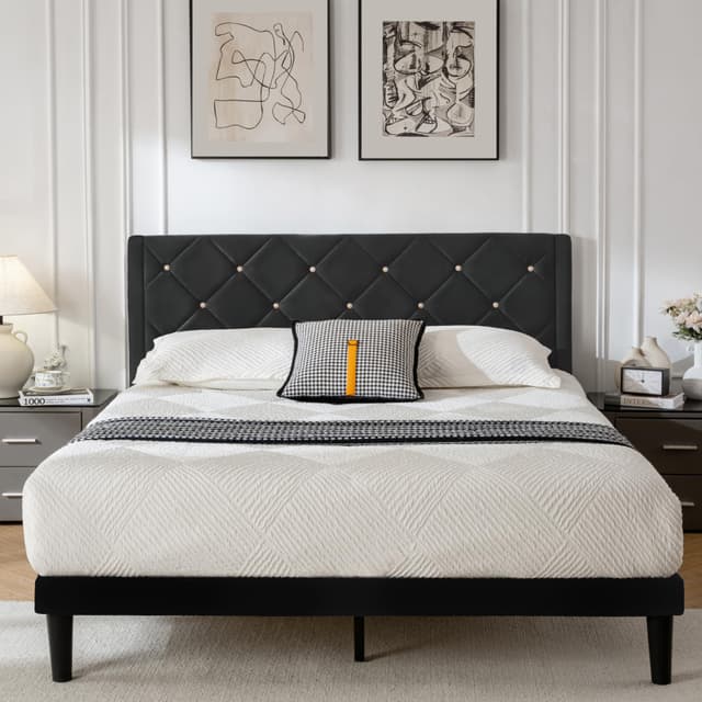 Full Bed Frame with Headboard, Bed Frame Full Size with Sturdy Wooden Slats Support, Platform Frame with Velvet Upholstered Headboard, Mattress Foundation, Easy Assembly, No Box Spring Needed Black