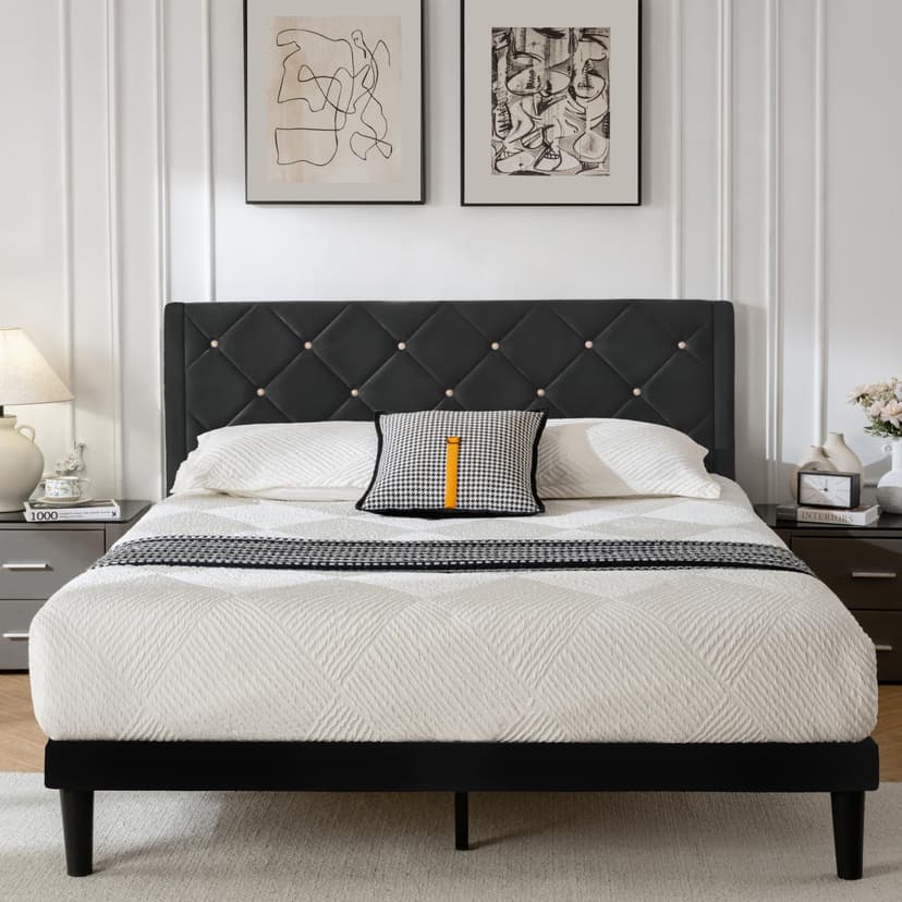 Full Bed Frame with Headboard, Bed Frame Full Size with Sturdy Wooden Slats Support, Platform Frame with Velvet Upholstered Headboard, Mattress Foundation, Easy Assembly, No Box Spring Needed Black