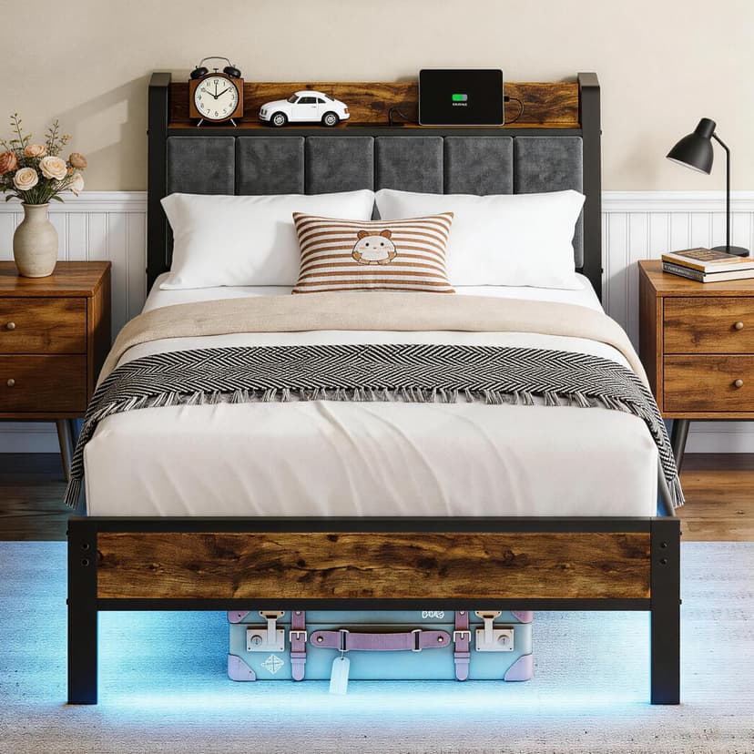 Twin Size Bed Frame with Storage Headboard and Charging Station, Smart RGB LED Lights, Metal Platform Bed with USB & Type-C Ports, Noise Free, Easy Assembly, No Box Spring Needed