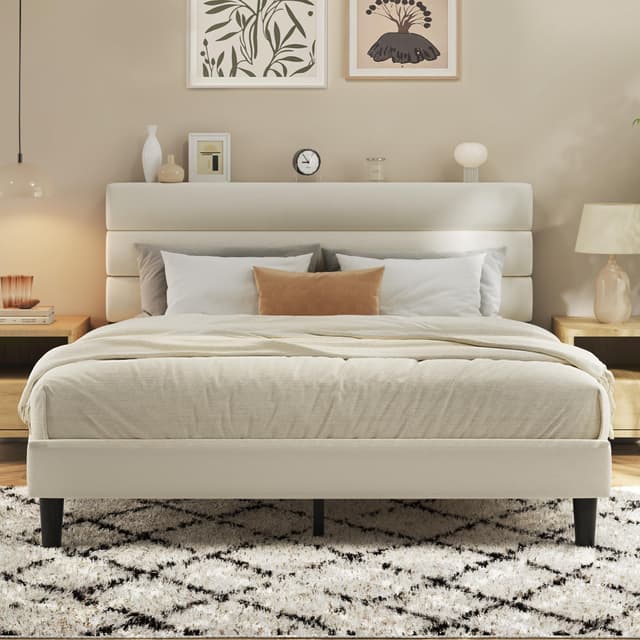 Fluest Queen Bed Frame, Platform Bed Frame with Velvet Upholstered Headboard, No Box Spring Needed, Sturdy Metal Support, Noise Free, Easy Assembly, Modern Bedroom Furniture, Beige