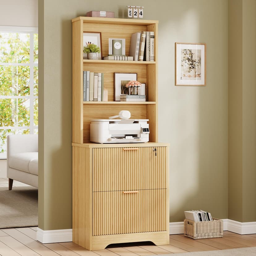 SEDETA 2 Drawer File Cabinet with Lock, Wood Filing Cabinet fits Letter, Legal, A4 Size, Hanging File Folders, Farmhouse File Cabinets for Home Office with Adjustable Storage Shelf, Natural Oak