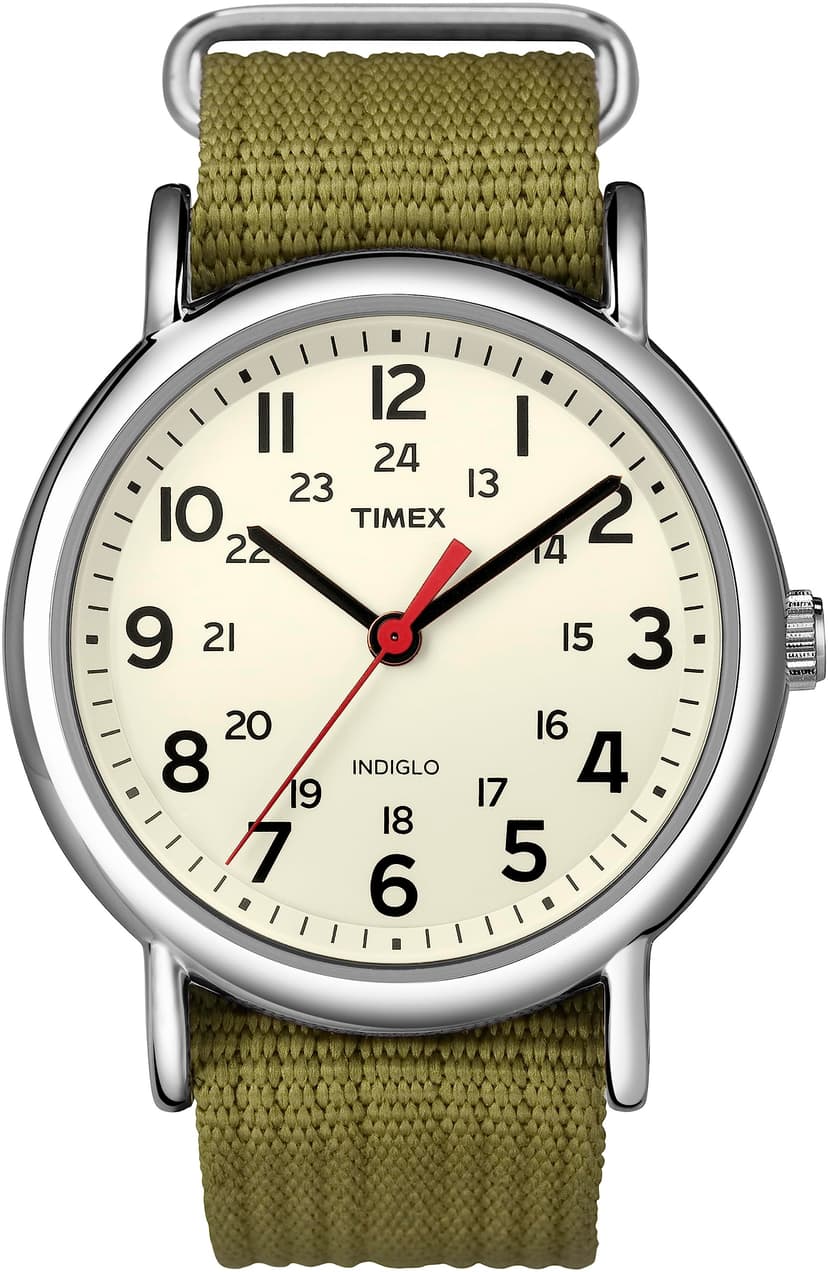 Timex Unisex Weekender 38mm Watch – Silver-Tone Case Cream Dial with Olive Fabric Slip-Thru Strap